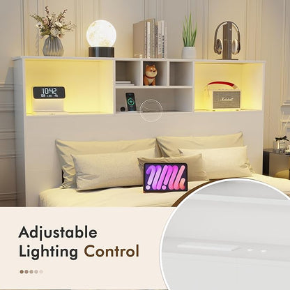 Apicizon 65" Queen Size Storage Headboard, Wood Headboard with Charging Station, Queen with Power Outlets, Ajustable LED Lights for Bedroom, White