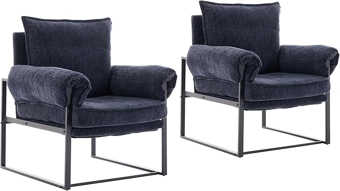 Xifan Modern Comfy Reclining Chair with 6 Angle Adjustable Backrest, Upholstered Accent Chair Fabric Living Room Lounge Chair for Reading Room - Dark Blue, Set of 2