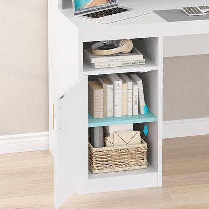 Computer Desk with 3 Drawer & Storage Shelves, Home Office Desk with File Drawer & Cabinet, Writing Study Table with Long Monitor Stand & Printer Shelf, Executive Desk, White