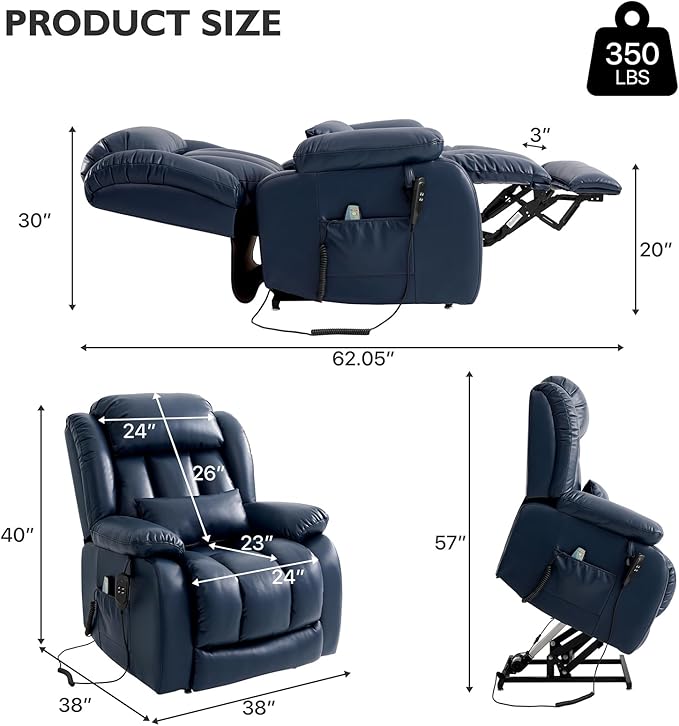 EDILLY Extra Large Power Lift Recliner Chairs for Elderly,Infinite Position Lay Flat Dual Motor Recliners Chair,with Heating and Massage, Breathable Leather,USB Ports and Remote Control(Blue)