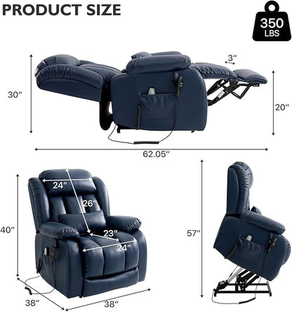 EDILLY Extra Large Power Lift Recliner Chairs for Elderly,Infinite Position Lay Flat Dual Motor Recliners Chair,with Heating and Massage, Breathable Leather,USB Ports and Remote Control(Blue)