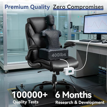 Brage Living 400LBS Big and Tall Office Chair, Leather Executive Desk Chair with Padded Flip-up Arms, Heavy Duty Swivel Rolling Computer Chair for Home Office, Black