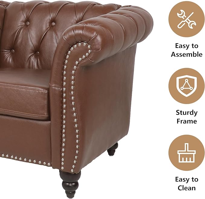 Loveseat Sofa Couch, Modern PU Leather Upholstered Sofa, Oversized Comfy 2 Seater Love Seat Couch with Cushions, Mid Century Tufted Chesterfield Sofa for Living Room, Bedroom, Apartment (Brown)