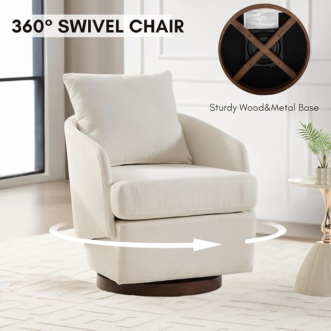 CIMOTA Swivel Accent Chair, Modern Barrel Armchair with 360° Swivel Base and Pillow, Upholstered Fabric Club Chair for Living Room/Reading/Office, Beige