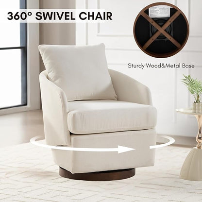 CIMOTA Swivel Accent Chair, Modern Barrel Armchair with 360° Swivel Base and Pillow, Upholstered Fabric Club Chair for Living Room/Reading/Office, Beige