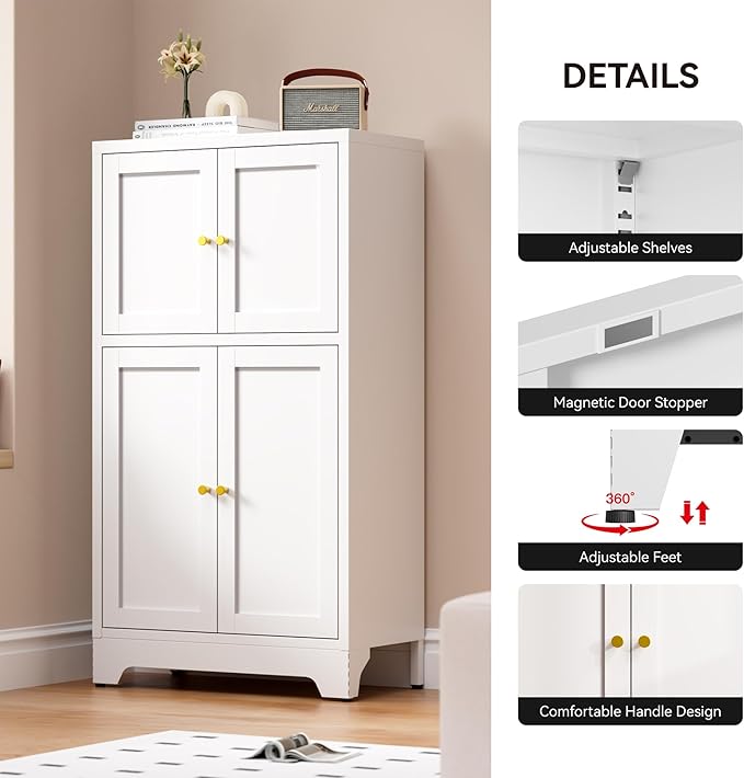 Bathroom Floor Storage Cabinet,Metal Accent Sideboard with 4 Doors and 2 Adjustable Shelves, Freestanding Bathroom Cabinets White Storage Organizer for Kitchen Pantry,Living Room,Hallway