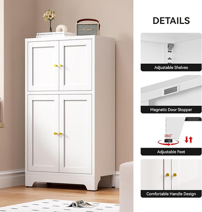 Bathroom Floor Storage Cabinet,Metal Accent Sideboard with 4 Doors and 2 Adjustable Shelves, Freestanding Bathroom Cabinets White Storage Organizer for Kitchen Pantry,Living Room,Hallway