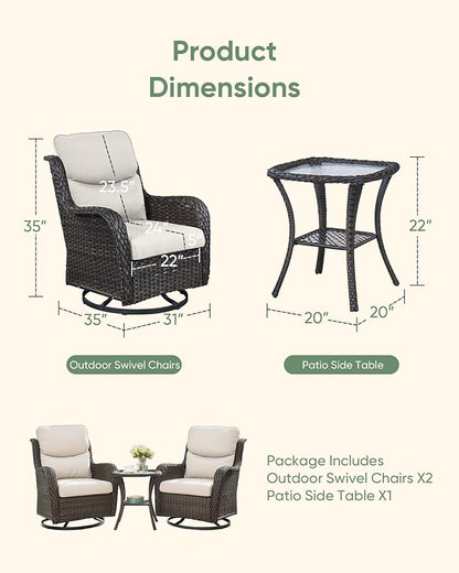 HUMMUH High Back Outdoor Swivel Rocker Patio Chairs Set of 2, with 5-Inch Thick Cushions and Side Table, Ideal for Porch,Poolside, Deck, and Yard