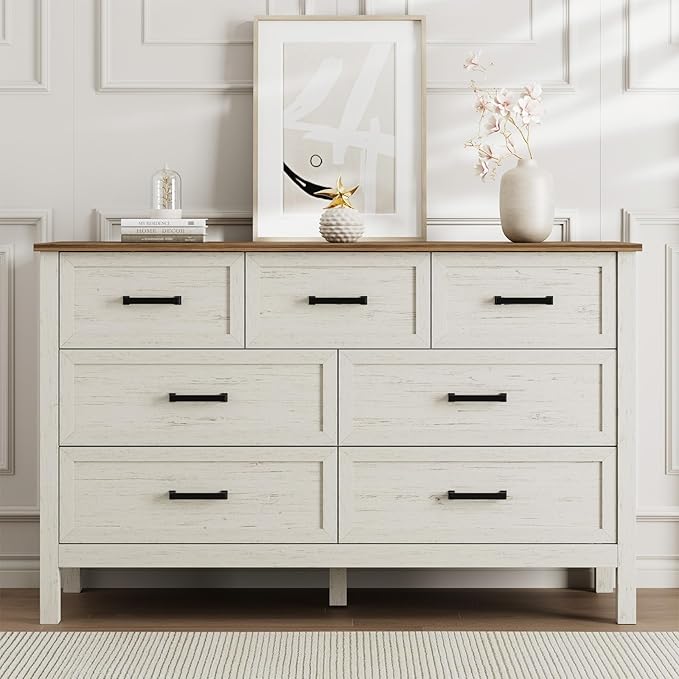 LYNSOM Farmhouse 7 Drawers Dresser for Bedroom, Wood Rustic Wide Chest of Drawers with Deep Drawers, Metal Handle, Storage Dressers Organizer for Entryway, Hallway, Antique White