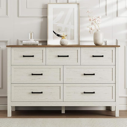 LYNSOM Farmhouse 7 Drawers Dresser for Bedroom, Wood Rustic Wide Chest of Drawers with Deep Drawers, Metal Handle, Storage Dressers Organizer for Entryway, Hallway, Antique White