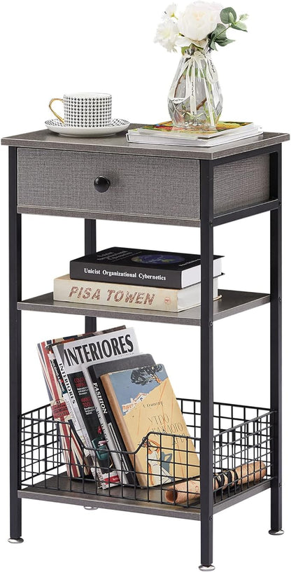VECELO Tall Side End Table,Nightstands Shelf Storage Organizer with U-Shape Shlef Basket and Drawer for Telephone Entryway/Living Room/Bedroom/Kitchen,Small Spaces,Hemp Gray,27.5" H,1 Set