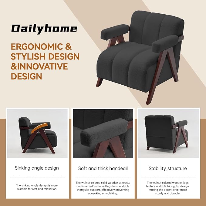 Accent Chair Mid-Century Modern with Wide Backrest for Bedroom, Upholstered Living Room Chair with Wooden, Lounge Armchair with Thick Cushion, Cute Teddy Comfy Chair, Dark Grey