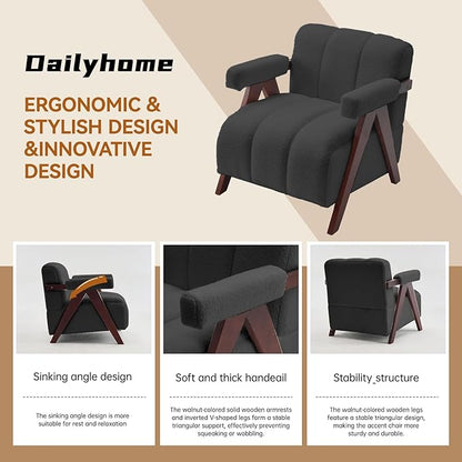 Accent Chair Mid-Century Modern with Wide Backrest for Bedroom, Upholstered Living Room Chair with Wooden, Lounge Armchair with Thick Cushion, Cute Teddy Comfy Chair, Dark Grey