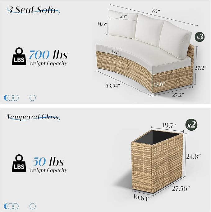 Patio Furniture Sets, 11 Piece Half-Moon Sectional Round Sofa Set, Outdoor Patio Furniture with Cushions & Wedge Table for Beach, Pool, Balcony, Beige