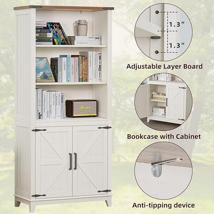 5 Tier Bookshelf 70in Tall Bookcase with Barn Doors and Storage Cabinet, White Farmhouse Book Shelf with Adjustable Shelves, Wood Freestanding Display Bookshelves for Bedroom, Living Room