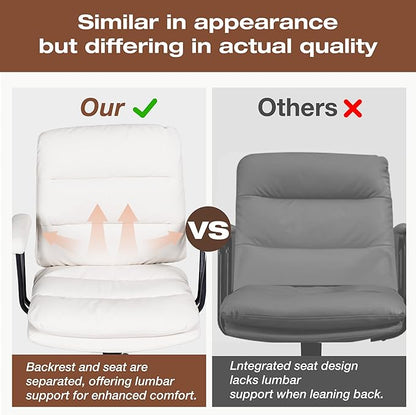 White Leather Desk Chair with Arms,Modern Office Chair with Lumbar Support,Removable Armrests, Height-Adjustable Swivel Medium Computer Chair for Home, Office, Dresser, Bedroom