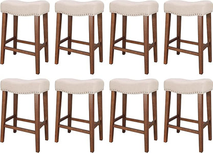 PrimeZone Counter Height Bar Stools Set of 8 - Backless Saddle Barstools with 4.3" Thick Upholstered, Nailhead Trim Linen Fabric & Solid Wood Legs, 26 Inch Counter Stools for Kitchen Island, Beige