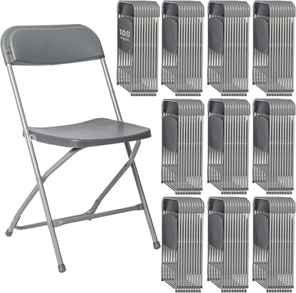 100 Pack Plastic Grey Folding Chairs,Portable Party Chairs Stackable Commercial Seats with Steel Frame for Office Home Outdoor Indoor Wedding Party Patio Dinning Events,350lbs Capacity