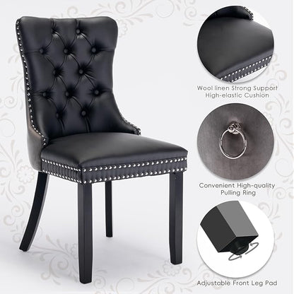 Leather Upholstered Dining Chairs Set of 2, Modern Style Kitchen Side Chairs with Nailhead Trim and Wood Leg, Metal Pulling Ring for Dining Room Living Room(Black&Grey,Set of 2)
