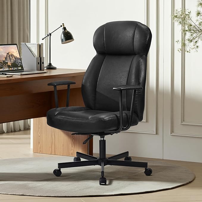 High Back Office Desk Chair, Breathable Ergonomic Leather Chair with 5-Layer Seat Cushion with 135°Reclining Lumbar Support Adjustable Height Rolling Swivel Executive Armrests Chair, Black