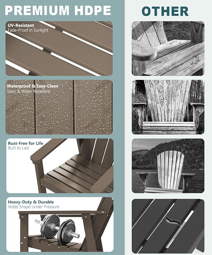 Adirondack Chair Set of 4, All Weather HDPE Fire Pit Chairs, Oversized Plastic Adirondack Chair for Outdoor, Balcony, Deck, Backyard, Patio, Garden, Poolside, Lawn Brown