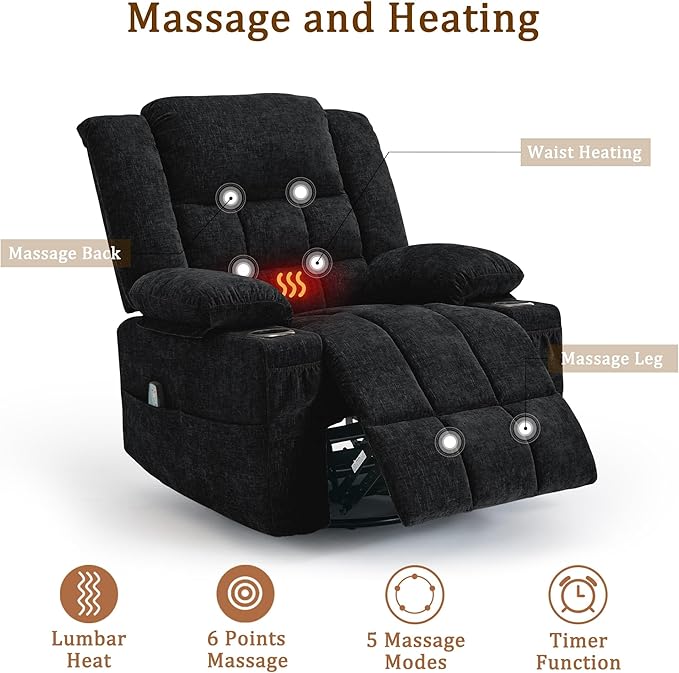 360° Rotating Adult Rocking Recliner, Baby Room Glider with Massage and Heating Functions, Rocking Chair with Cup Holder, Manual Recliner for Living and Bedroom (Fabric, Black)
