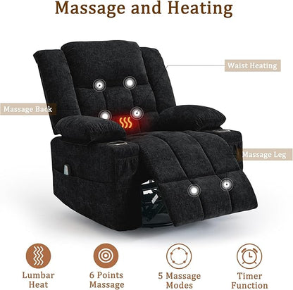 360° Rotating Adult Rocking Recliner, Baby Room Glider with Massage and Heating Functions, Rocking Chair with Cup Holder, Manual Recliner for Living and Bedroom (Fabric, Black)