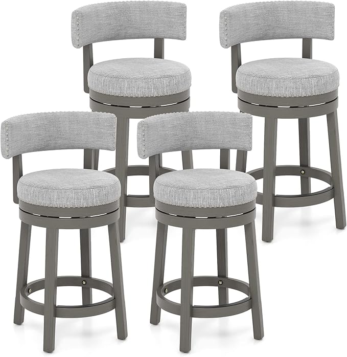 COSTWAY Bar Stool Set of 4, 27-inch 360° Swivel Barstool with Upholstered Back & Seat, Solid Rubber Wood Legs & Footrest, Farmhouse Counter Height Chair for Home, Bar, Cafe, Grey (4, Seat height 27‘’)