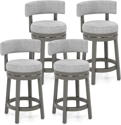 COSTWAY Bar Stool Set of 4, 27-inch 360° Swivel Barstool with Upholstered Back & Seat, Solid Rubber Wood Legs & Footrest, Farmhouse Counter Height Chair for Home, Bar, Cafe, Grey (4, Seat height 27‘’)