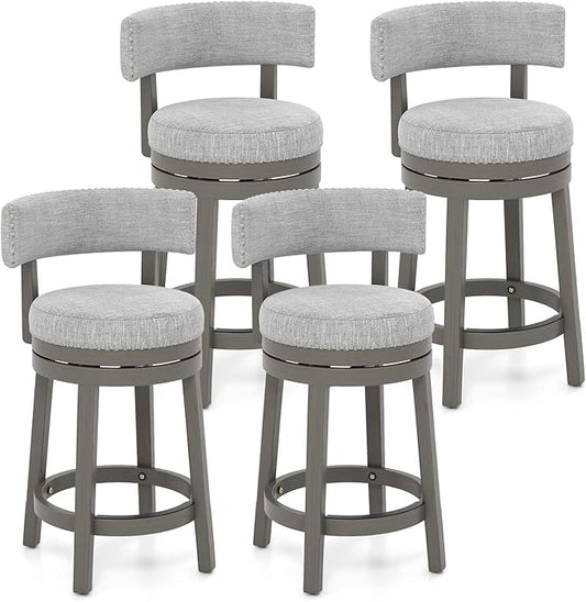 COSTWAY Bar Stool Set of 4, 27-inch 360° Swivel Barstool with Upholstered Back & Seat, Solid Rubber Wood Legs & Footrest, Farmhouse Counter Height Chair for Home, Bar, Cafe, Grey (4, Seat height 27‘’)