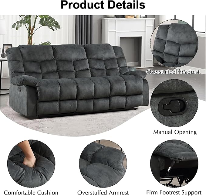 CANMOV Manual Reclining Sofa Set, 3 Pieces Sofa Set, Manual Recliner Chair, Reclining Loveseat and 3-Seat Sofa for Living Room, Furniture Set, Grey(1+2+3)