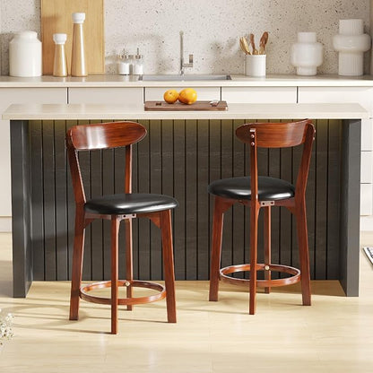 COSTWAY Bar Stool Set of 2, 23.5'' Counter Height Barstools w/Curved Backrest, Faux Leather Cushion & Rubber Wood Frame, Mid Century Modern Island Chairs for Kitchen Bar Cafe, Walnut