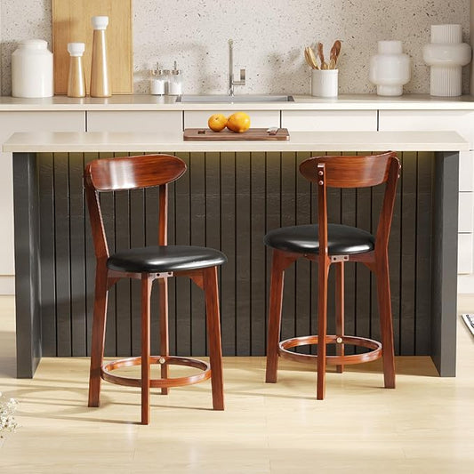 COSTWAY Bar Stool Set of 2, 23.5'' Counter Height Barstools w/Curved Backrest, Faux Leather Cushion & Rubber Wood Frame, Mid Century Modern Island Chairs for Kitchen Bar Cafe, Walnut