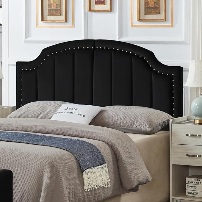 24KF Velvet Fabric Upholstered Queen/Full Headboard with Nail Trims,Modern Vertical Channel Design with Curved Headboard, 6052-Q-Black