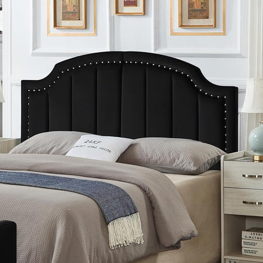 24KF Velvet Fabric Upholstered Queen/Full Headboard with Nail Trims,Modern Vertical Channel Design with Curved Headboard, 6052-Q-Black