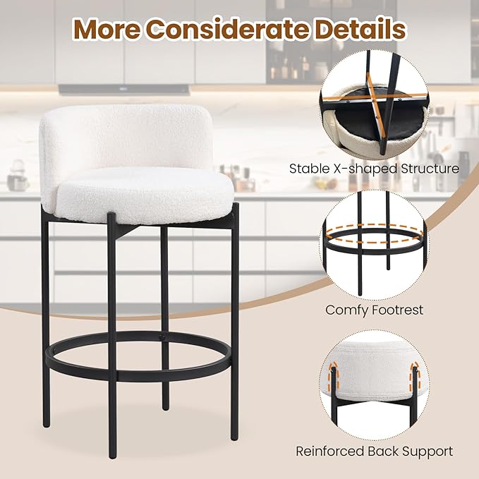 COSTWAY Counter Height Bar Stools Set of 2, 24.5 Inch Boucle Modern Barstools w/Curved Backrest, Metal Frame, Comfy Footrest, Upholstered Island Chairs for Dining Room, Kitchen, Cafe, 400 LBS Max Load