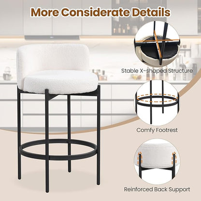 COSTWAY Counter Height Bar Stools Set of 2, 24.5 Inch Boucle Modern Barstools w/Curved Backrest, Metal Frame, Comfy Footrest, Upholstered Island Chairs for Dining Room, Kitchen, Cafe, 400 LBS Max Load