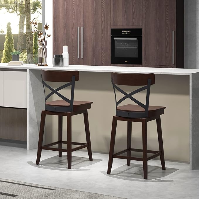 COSTWAY Swivel Bar Stool Set of 4, 24 Inch Ergonomic Counter Height Chairs with Open X Back & Footrest, 4PCS Vintage Wooden Barstools for Kitchen Island, Pub, Bistro, Café, Brown (4, 24 inch)