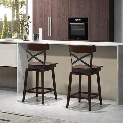 COSTWAY Swivel Bar Stool Set of 4, 24 Inch Ergonomic Counter Height Chairs with Open X Back & Footrest, 4PCS Vintage Wooden Barstools for Kitchen Island, Pub, Bistro, Café, Brown (4, 24 inch)