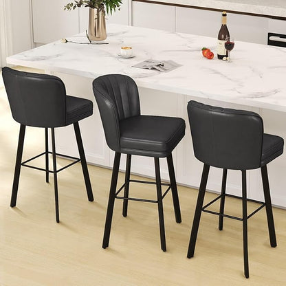 Swivel Counter Height Bar Stools Set of 4, 30'' Modern Barstools with Backs and Metal Legs, Upholstered Bar Chairs, Faux Leather Black Stools for Kitchen Island Chairs