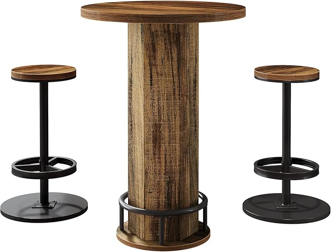 Tribesigns Round Bar Table with Chairs, Industrial Bistro Sets with 2 barstools, Pub Cocktail Table with Metal Ring Footrest for Kitchen Nook, Apartment, Small Space