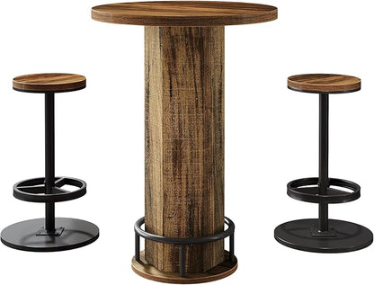 Tribesigns Round Bar Table with Chairs, Industrial Bistro Sets with 2 barstools, Pub Cocktail Table with Metal Ring Footrest for Kitchen Nook, Apartment, Small Space