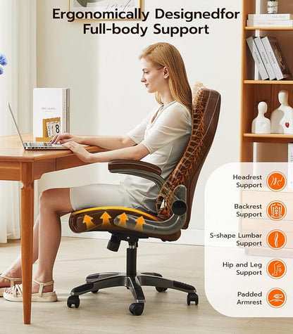 Office Desk Chair, Ergonomic Computer Chair with Padded Flip-Up Arms and Adjustable Lumbar Support, PU Leather Executive Chair with Tilt Lock and 360° Swivel Rolling Wheels for Work, Study