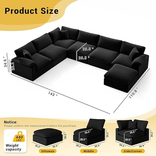 Cloud Modular Couch for Living Room,7 Seater U Shape Linen Blend Sofas,Modern Deep Seat Cloud Sofas,Convertible Comfort Down Filled Sectional Couches,Removable Washable Cushion Covers,Black