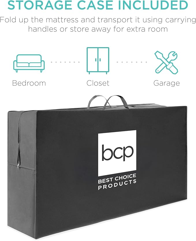Best Choice Products 4in Portable Twin XL-Size Mattress, Tri-Fold Mattress for Camping, Guest, Toddler, Foam Plush w/Carry Case - Onyx Black