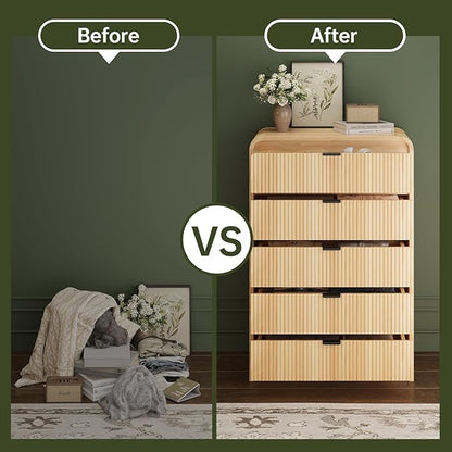 FURSUN Fluted 5 Drawers Dresser for Bedroom, 48" Tall Wooden Modern Dresser with Metal Handle, Curved Profile Design, Storage Organizer for Bedroom, Hallway (Natural Oak)