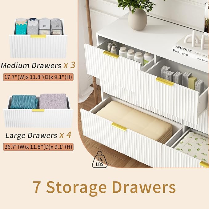 3-Piece Modern Bedroom Furniture Set, Wide 7-Drawer Dresser & 1-Drawer Nightstands Set of 2, Natural Wood Dresser and Nightstand Sets for Bedroom,Hallway, White