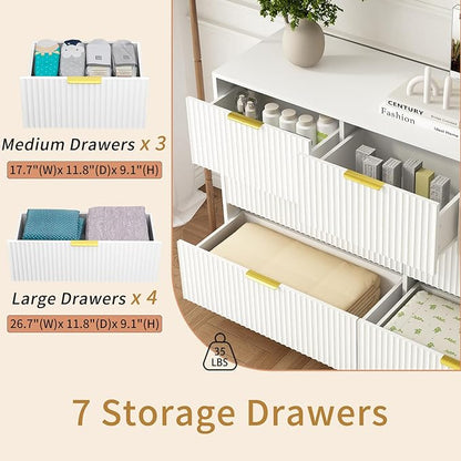 3-Piece Modern Bedroom Furniture Set, Wide 7-Drawer Dresser & 1-Drawer Nightstands Set of 2, Natural Wood Dresser and Nightstand Sets for Bedroom,Hallway, White