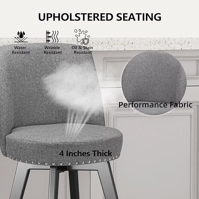MINCETA Bar Stools Set of 2, 26 Inch Upholstered Barstools with High Back and Footrest, Swivel Counter Height Barstools for Kitchen Island Home Bar Gray