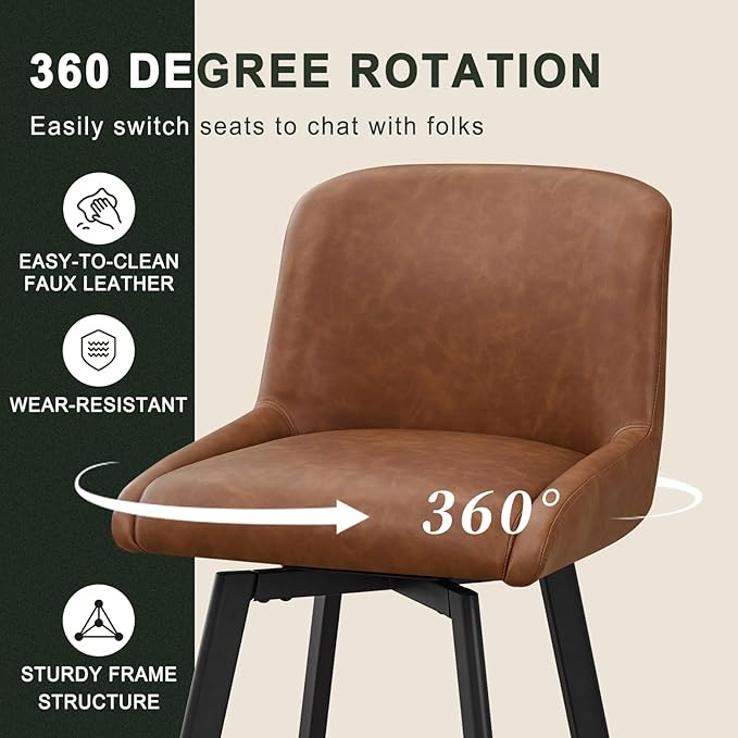 Swivel Bar Stools Set of 2, 30''H Upholstered Barstools with Backs, Modern Counter Height Bar Stool Chairs for Kitchen Island, Metal Legs, Faux Leather, Brown Counter Stools